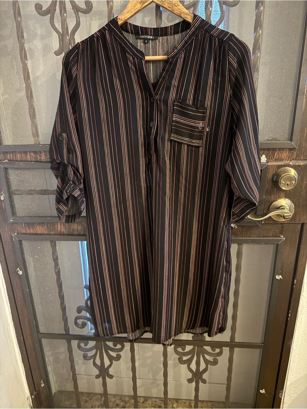 Papermoon Black Striped Tunic Dress with Rust and Cream Stripes